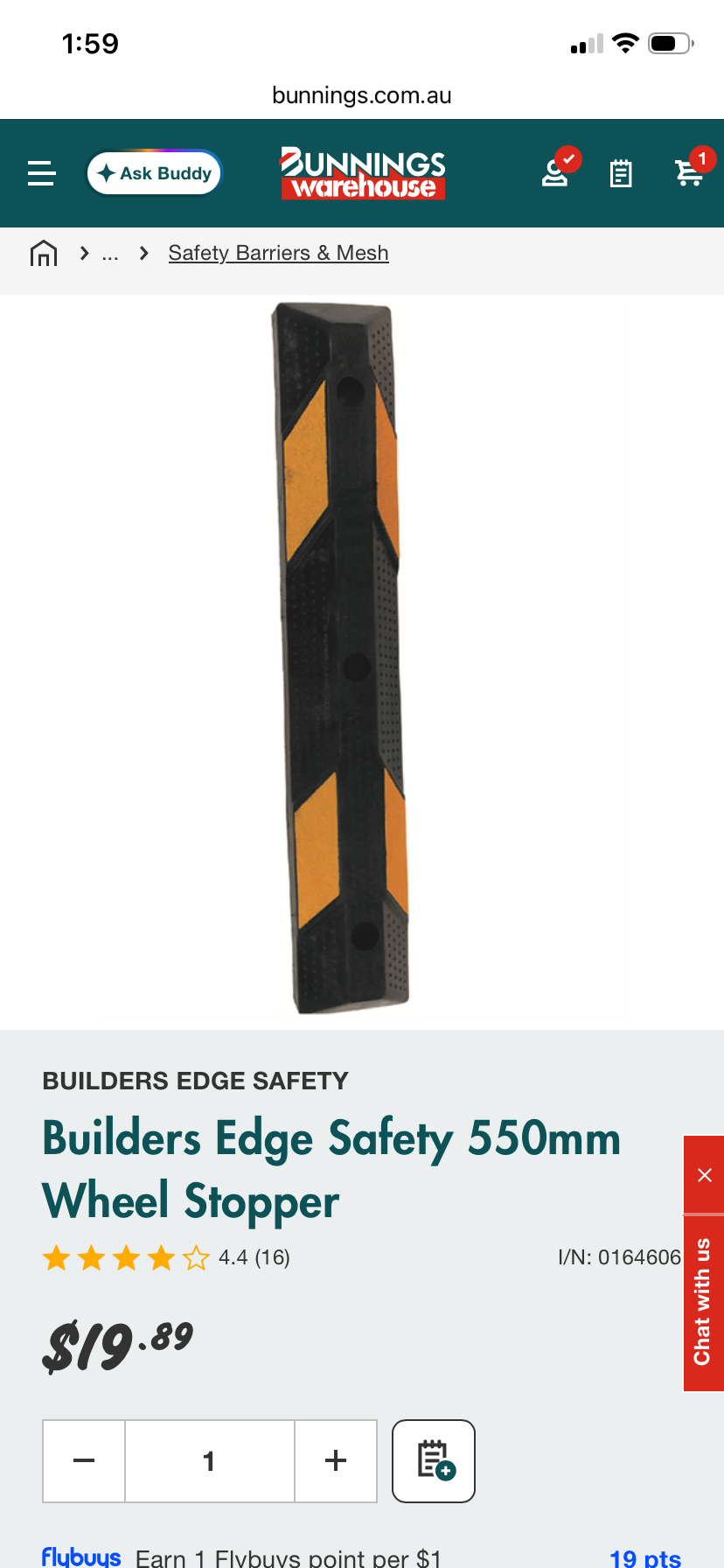 Supplier catalogue image of the Builders Edge Safety 550mm rubber wheel stopper with yellow reflective markings